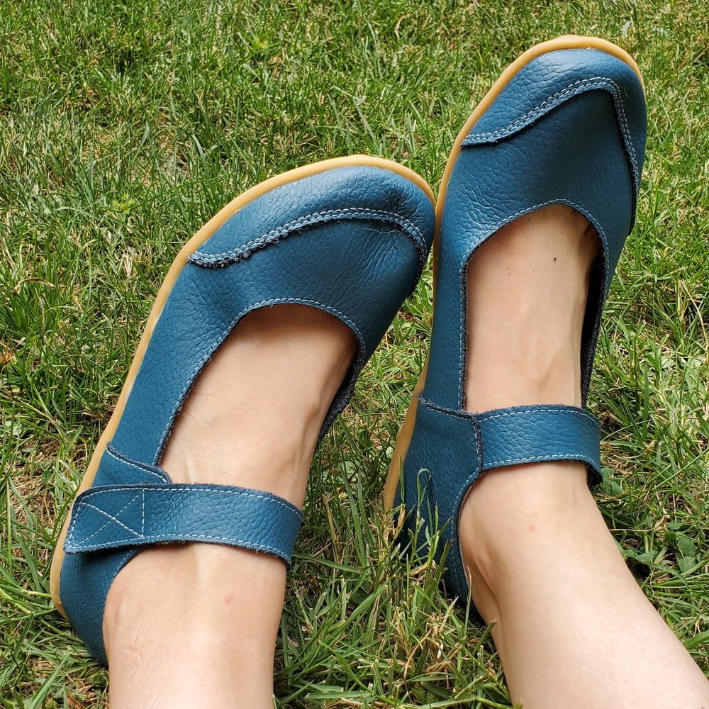Sky Blue Leather Mary Jane Korean Style Velcro EUC